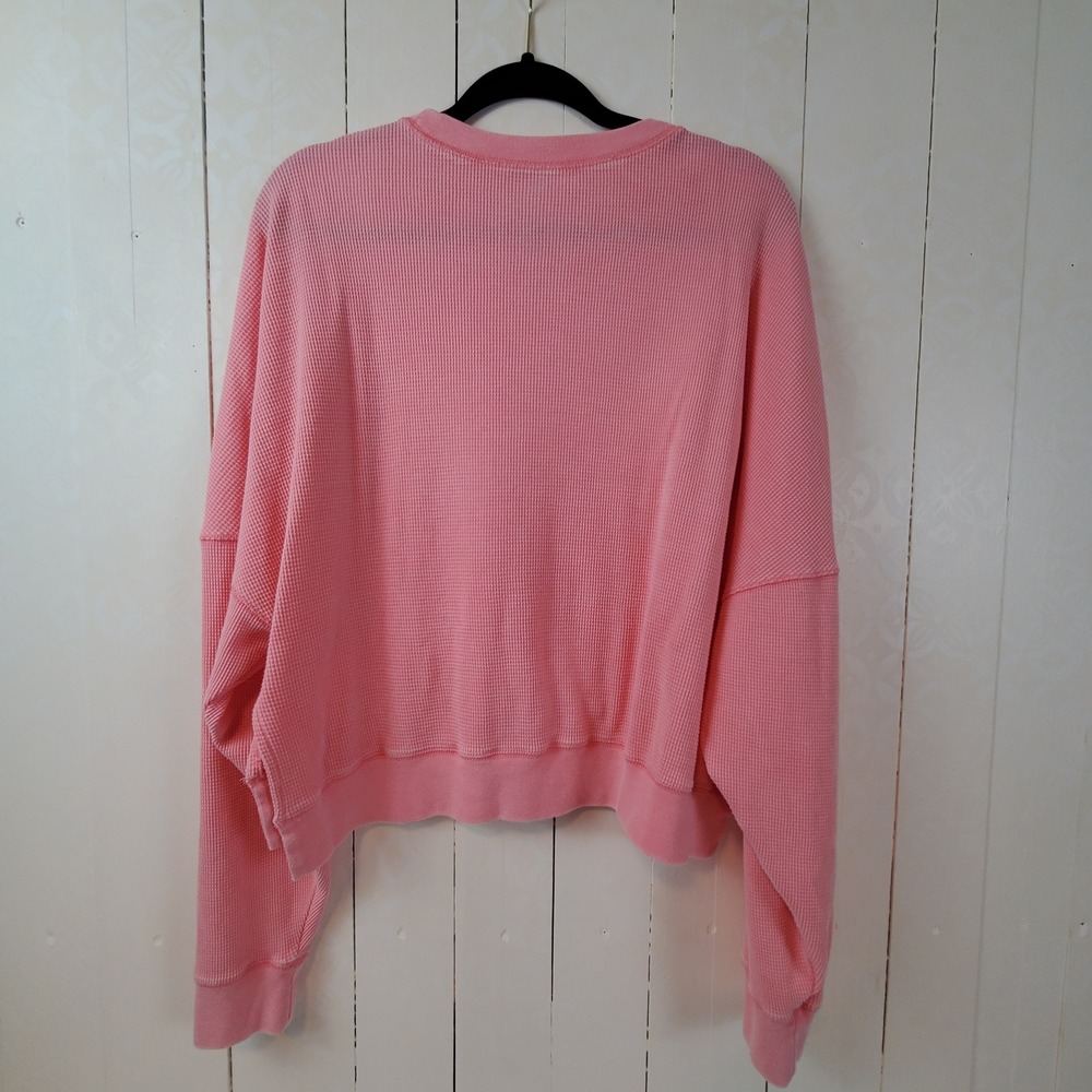 SO Pink Waffle Knit Cropped Long Sleeve Thermal Top XL Crew Neck Relaxed Fit